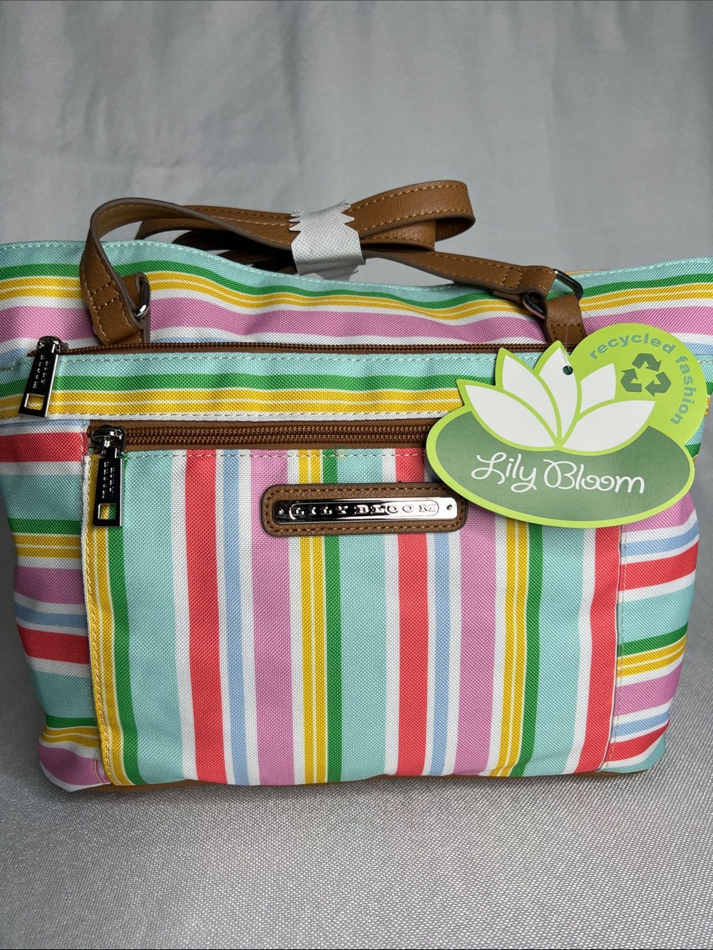 Lily Bloom Pastel Multi-Stripe Shoulder Bag with Tan Handles